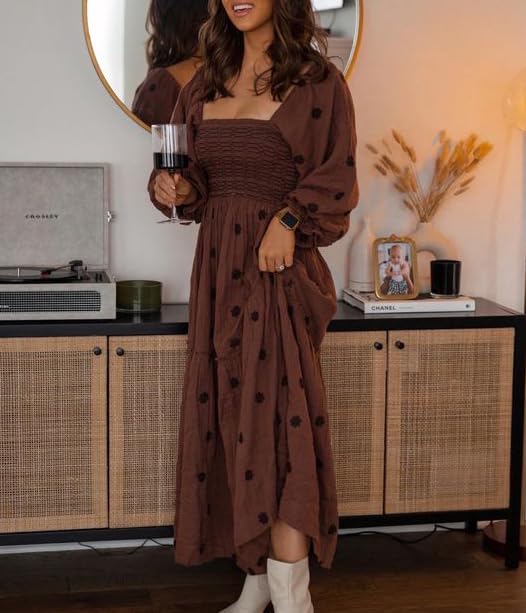 Women Checkered Bow Tie Dress Boho Floral Embroidered Flowy Long Dress Gingham Smocked Long Puff Sleeve Maxi Dress4