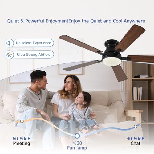 Image of Ayaoty 54 inch Ceiling Fans with Lights and Remote, Low Profile Ceiling Fan with Light, Flush Mount, Reversible, 3CCT, Dimmable, Noiseless, White Ceiling Fan for Bedroom, Indoor /Outdoor Use