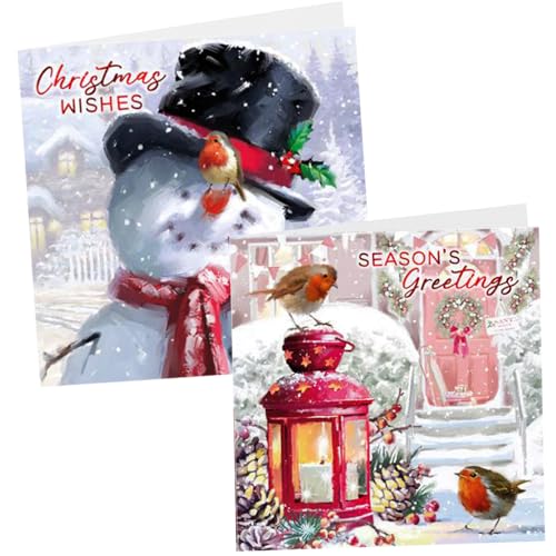 24 Pack Christmas Greeting Cards Snowman & Robin Designs Premium Festive Cards with Envelopes Seasonal Greetings & Christmas Wishes Bulk Value Pack for Family, Friends, Kids, Classmates