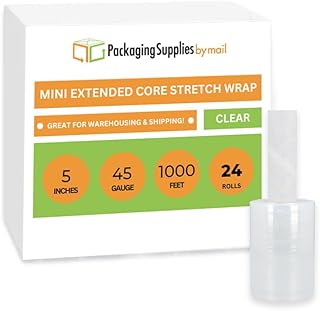 PSBM Mini Stretch Wrap with Extended Core Handle, 24 Pack, 5 Inch x 1000 Feet, 45 Gauge, Clear Plastic Cling, Hand Shrink Film Roll for Pallet Moving Packing