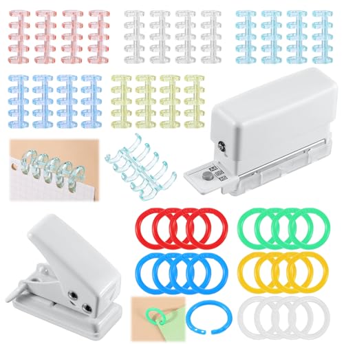 72 Pieces Binding Machine Set Include 6 Holes Punch Single Hole Binder Machine 20 Pcs Multi-Color 5-Ring Plastic Loose Leaf Spines 50 Pcs Small Binder Rings Manual Binding System for Home Office