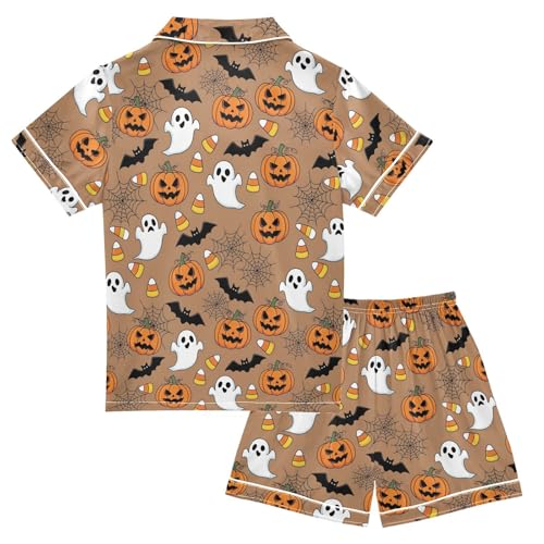 Satin Pajama Sets Short Sleeve Halloween Pattern with Ghosts Pumpkins Button Down Silky Nightwear 2 Piece PJS 5-14Y2