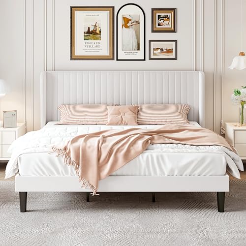 Image of SHA CERLIN King Size Velvet Bed Frame, Tufted Wingback Headboard, White | 47'' Modern Vertical Channel Headboard, Upholstered Platform Bed, Wood Slats, No Box Spring Needed, Easy Assembly, Noise Free