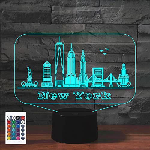 SUPERRUIDALONG Lampe de chevet 3D New York avec télécommande 16 couleurs - Illusion de veilleuse en acrylique LED - Pour chambre à coucher, bureau,...