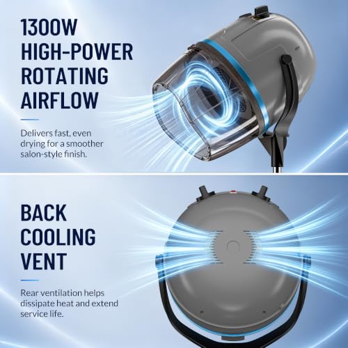 Image of ZENY Professional Stand Up Hair Dryer, 1300W Bonnet Dryer Adjustable Height | Stand Up, Rolling Wheels, Adjustable Time and Temperature Setting, Low Noise