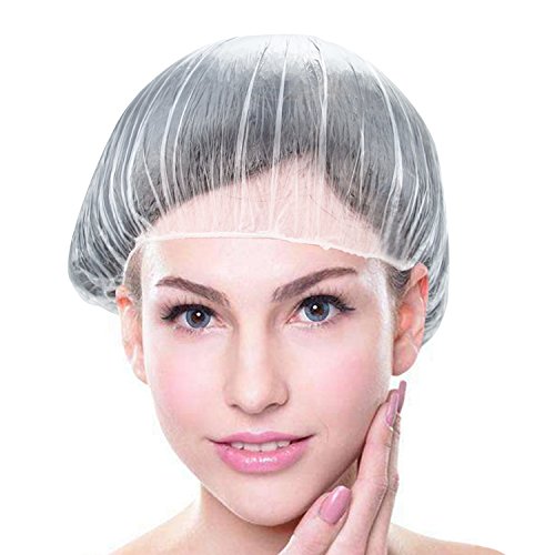 Shower Cap Bamyko Disposable Plastic Shower Caps 100 Pack for Bath, Perms, Coloring and Hair Salon - Clear