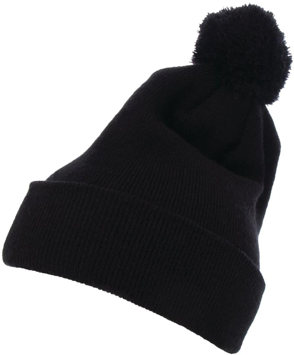 Flexfit Unisex Cuffed Pom Pom Knit Beanie Beanie Hat, Black,