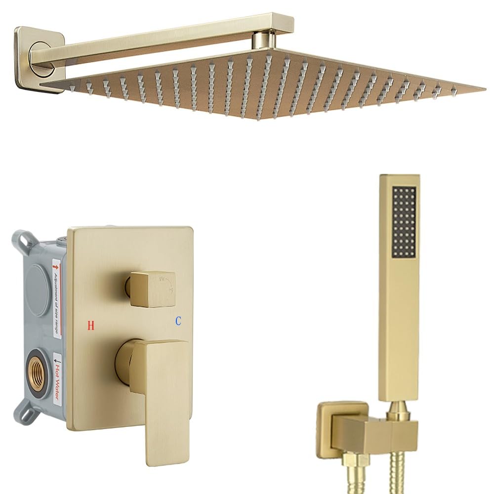 Shower Faucet Set Complete, Wall Mount Shower System for Bathroom 12 Inch High-Pressure Rainfall Shower with Handheld, Rough-in Valve Body and Trim Kit, Brushed Gold