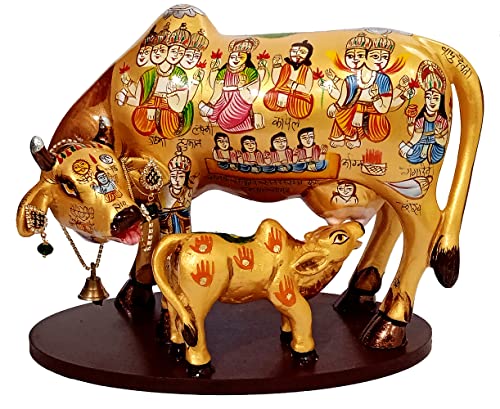 Purpledip Resin Idol Kamdhenu Wish Cow & Calf: Hindu Gods Painted Good Luck Statue (10103A) Purpledip Resin Idol Kamdhenu Wish Cow & Calf: Hindu Gods Painted Good Luck Statue (10103A)