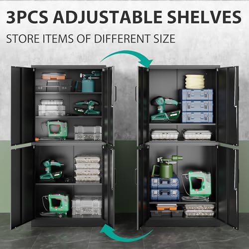 Image of Metal Storage Cabinet with 3 Adjustable Shelves and 4 Doors,71 inch Garage Storage Cabinet with Lock,Black Metal Cabinets with Locking Doors,Steel Tool Cabinets,Lockable Cupboard for Home,Office,Garage