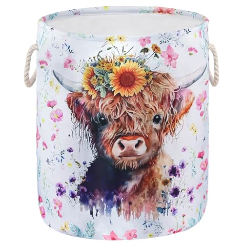 Image of Highland Cow Print Kids Laundry Basket Cute Baby Nursery Hamper Farmhouse Stuff Storage Bag Western Room Decor Tote Pink Clothes Organizer Sunflower Toy Bin Gift for Bedroom Bathroom Teen Girls Boy, M