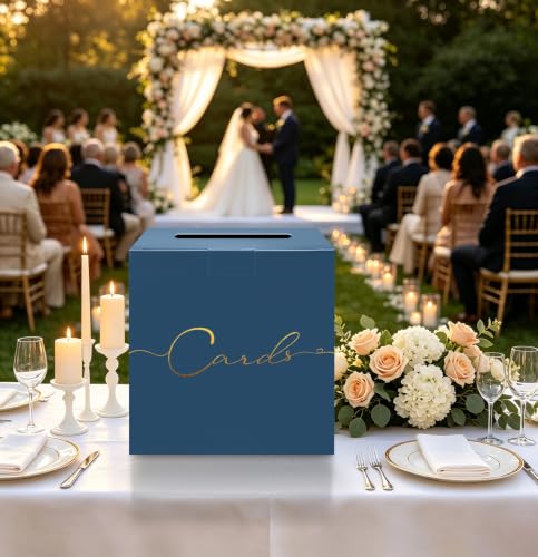 Image of HEIPINIUYE Navy Blue Wedding Card Box with Gold Foil 9.8 inch x 9.8 inch Navy Large Gift Card Box for Party Wedding Reception Graduation Birthday Baby Shower Cardboard Raffle Envelope Box with Slot