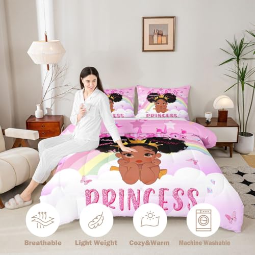 Image of Erosebridal Black Girls King Bedding Set Rainbow Princess Magical Comforter Set for Nursery Kids African American Quilt Black Princess Girl Duvet Insert Pretty Little Girls Inspirational Bed Set