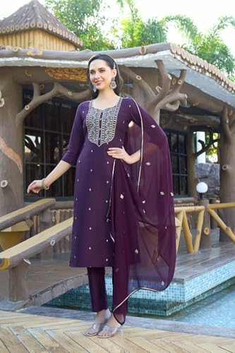 Image of GoSriKi Women's Cotton Blend Embroidered Kurta Set with Pant & Dupatta - Straight Calf‑Length, 3 /4 Sleeve, Round Neck - Elegant Ethnic Attire (5 Colors, S-5XL)