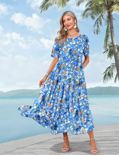 Image of YESNO Women Casual Loose Bohemian Floral Dress with Pockets Short Sleeve Long Maxi Summer Beach Swing Dress EJF