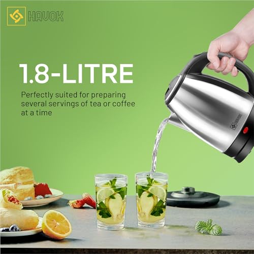 Image of HAVOK 1500W Electric Kettle 1.8L Stainless Steel Water Boiler | Instant Fast Boiling Kettle with Auto Shut Off & Boil Dry Protection | 360 Cordless Base, LED Indicator for Tea Coffee Soup (Silver)