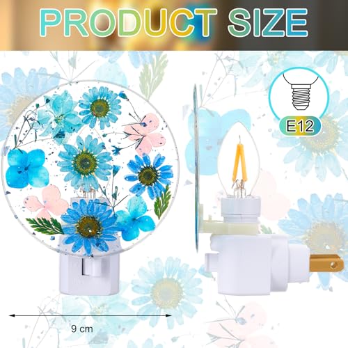 Image of Glooglitter Pressed Flower Night Light Plug in-Handmade Dried Floral Wall Night Light, Soft Glow Decorative Nightlight for Hallway Bedroom Nursery Bathroom, Vintage Botanical(Blue,Flower)
