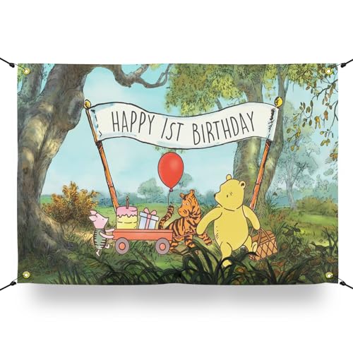 The Winnie Bear Happy 1st Birthday Banner & Backdrop, 3x5FT Party Background Decorations/Supplies