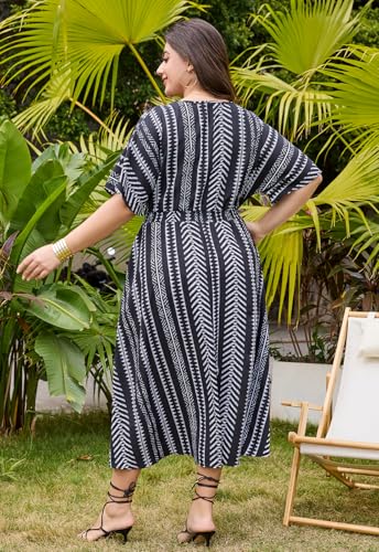 Image of Keluummi Plus Size Summer Wedding Guest Maxi Dresses for Curvy Women, Casual Floral 3 /4 Sleeve Emipre Waist V Neck Long Dress