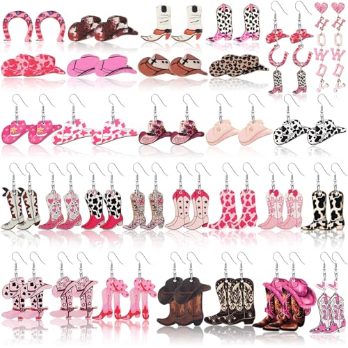 Nosiny 30 Pairs Wooden Western Cowgirl Earrings Cowboy Boot Dangle Earrings Rodeo Party Outfits Jewelry for Western Women