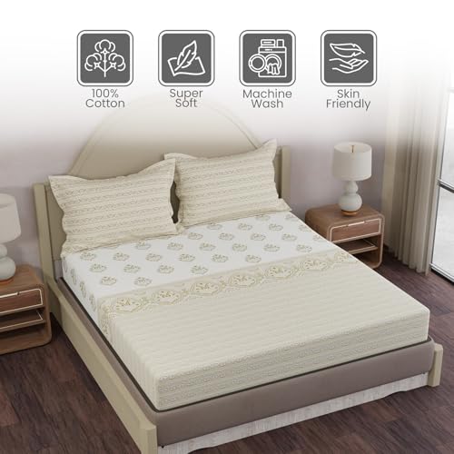 Image of Layers 100% Cotton King Size Bedsheet Set | Cream Ethnic Print | 120 TC Forever Collection | Soft & Breathable | Washable Bedsheet with 2 Pillow Covers | All Season