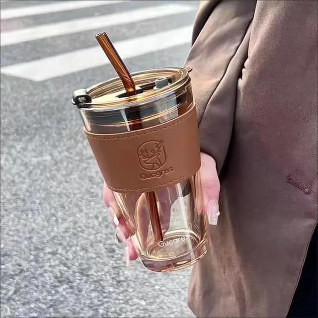 SKDBPM Premium Glass Sipper Fruit Juice Milk Tumbler Mug with Leather Sleeve Glass Coffee Mug with Glass Straw and Lid Glass Tumbler for Coffee, Tea, Milk Beverages Travel Cup 450ML(Pack of 1)(Brown) (B0DB5T2SM6) Amazon Price History, Amazon Price Tracker