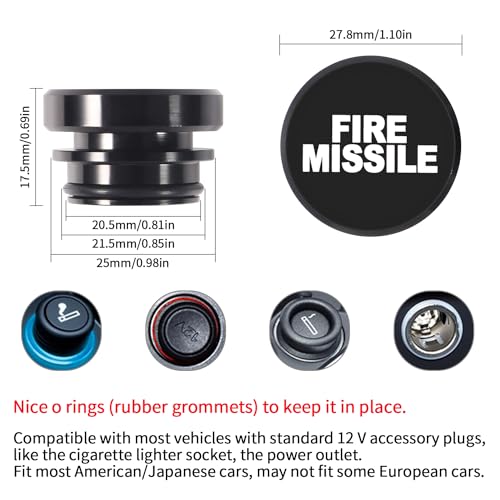Image of Aokin Cigarette Lighter Cover, Aluminum Dustproof Car Cigarette Lighter Plug Parts Auto Accessories Fits Most Vehicles, Autos, Trucks, Boats Standard 12 Volt Power Source, Fire Missile Black
