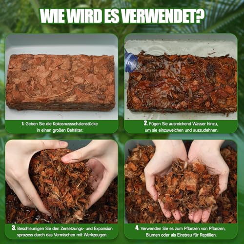 GOTVUGE Kokoschips Pflanzen Substrat, Bio Kokosnussschalenziegel mit niedrigem EC- und pH-Ausgleich, leicht erweiterbares Kokosfaser-Mulchmedium für Gartenblumen & Reptilienbeete (1 Stück)