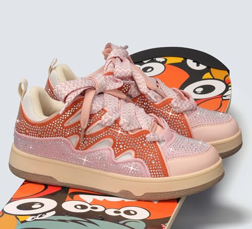 Image of LUCKY STEP Women Sparkle Rhinestone Fashion Sneakers | Walking Tennis Bling Glitter Shoes Platform Lace up Casual Mesh Sneaker