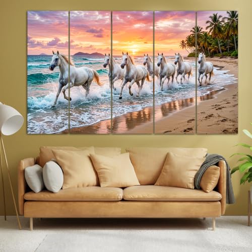 Image of Spacter white 7 Horses Wall Painting for Living Room Big Size - 7 Running Horses Painting Vastu for Bedroom, Office, Hotel - Wall Decor Digital Painting Wooden Framed for Gifting (,30x60 Inch)