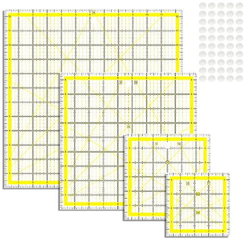 VPVPV 4 Piece Quilting Ruler,Acrylic Square Ruler,Quilting Templates,with Non Slip Rings 50 Pieces（4.5“X4.5”、6“X6”、9.5“X9.5”、12.5“X12.5”）