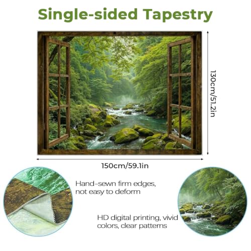 Image of HASTHIP Window Forest Tapestry Green Nature Jungle Wall Hanging with Printed Landscape for Bedroom Living Room Dorm Decor