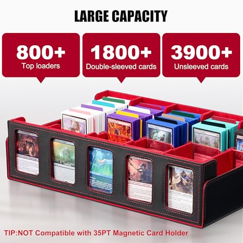 Image of Trading Card Storage Box with Commander Display , 5-Row Deck Case with Removable Lid; 3900+ Card Deck Box for MTG TCG Sports Card, 5 Top Loaders, 5 Stoppers, 48 Dividers,1 Dice Tray (Black Red)