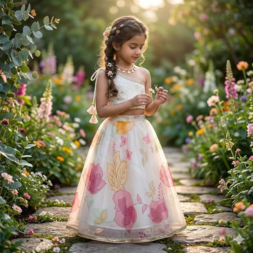 Image of Girls Floral Lehenga Choli Set | Georgette Embroidery Blouse with Organza Printed Lehenga Skirt | Elastic Waist Pull-On Kids Ethnic Wear for Wedding, Festival & Party
