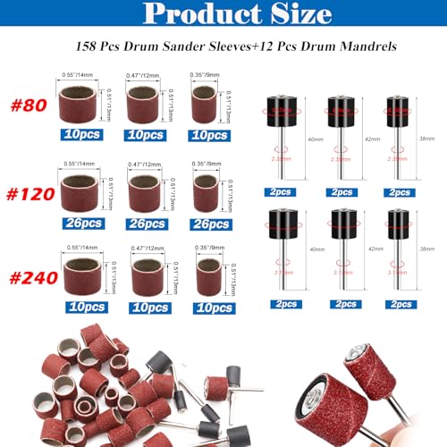 Image of Tnisesm 210Pcs Aluminum Oxide Sanding Drum Set,Including 198 Pieces 80 120 240Grit Drum Sander Sanding Sleeves and 12 Pieces Drum Mandrels for Dremel Rotary Tool,Sanding Drums with Box