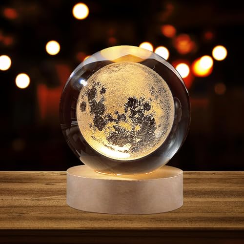 ICHHA HOUSE Crystal Ball Lamp with Wooden LED Base | Engraved 3D Moon & Stars Night Light | USB Rechargeable Home Décor | Birthday Gift for Teens, Boys & Girls (Moon Lamp)