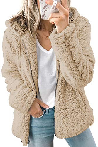 Happy Sailed Women's Sherpa Jacket Hoodie Zip Up Fleece Fuzzy Faux Warm Oversized Outwear Coat with Pockets Khaki S