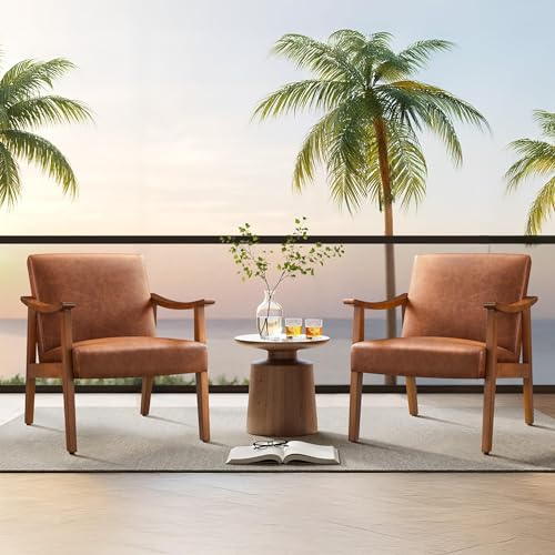 Image of Yaheetech PU Leather Accent Chair, Mid-Century Modern Armchair with Solid Wood Legs, Reading Leisure Chair for Living Room Bedroom Waiting Room, Light Brown, Set of 2