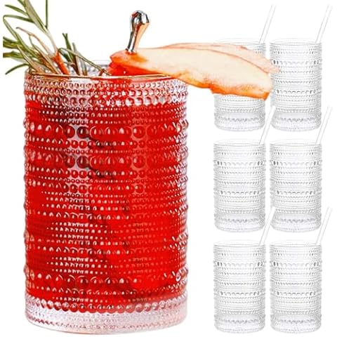 Vintage Drinking Glasses, 15 oz Hobnail Drinking Glasses Set of 6, Includes 8 Glass Straws, Ribbed Glassware, Hobnail Glassware, Whiskey Glasses, Cocktail Glasses, Romantic Highball Glasses Cover