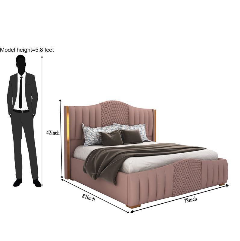 Image of MAMTA DECORATION Solid Wood King Size Bed for Bedroom with Box Storage | Premium Velvet Upholstery Double Bed with Tufted Headboard | Modern Palang Cot Bed for Home, Hotels & Guest Room | Onion Pink