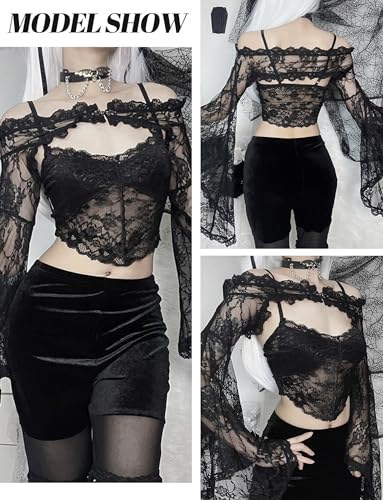 Women's Goth Shrug Black Gothic Crop Top Floral Lace Shrug Blouse See Through Sheer Shawl Cardigan Top4