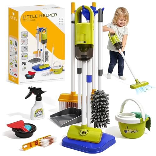 Image of Dreamon Toddler Cleaning Set - 14Pcs Kids Cleaning Toy Set with 2-in-1 Kids Vacuum that Really Works, Pretend Home Cleaning Play Set for Toddler Age 3-7, Christmas Birthday Gift for Girls Boys（Blue）