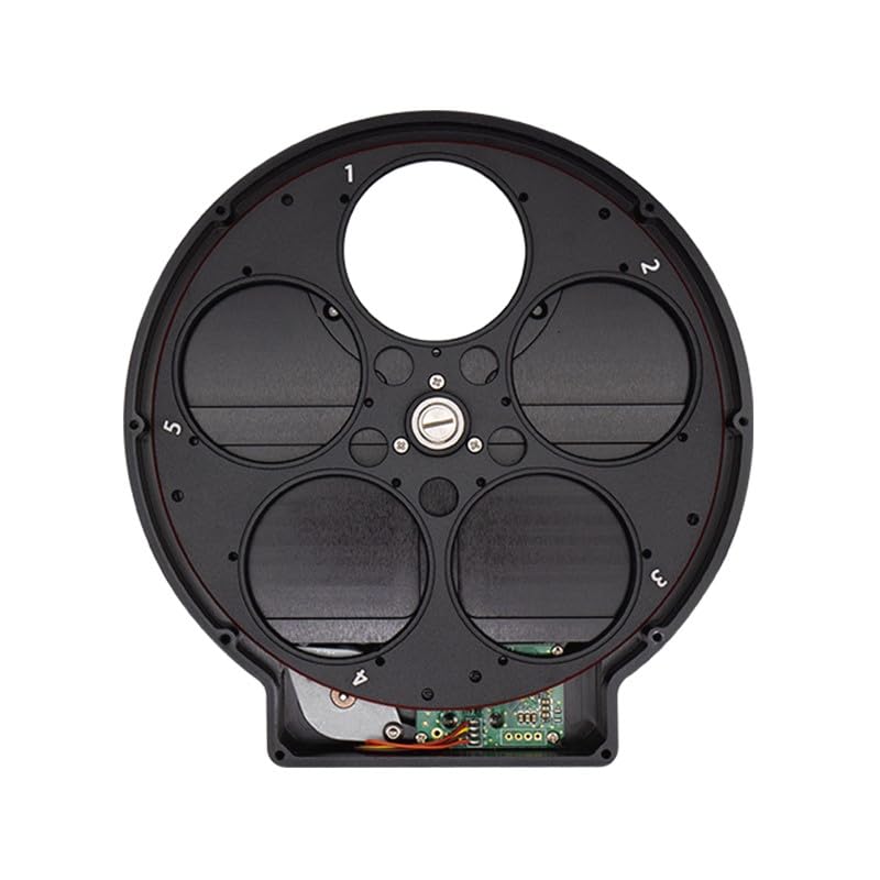 Indre view of the ZWO 5X 2 Electronic Filter Wheel, showing five filter slots and the central mechanism.