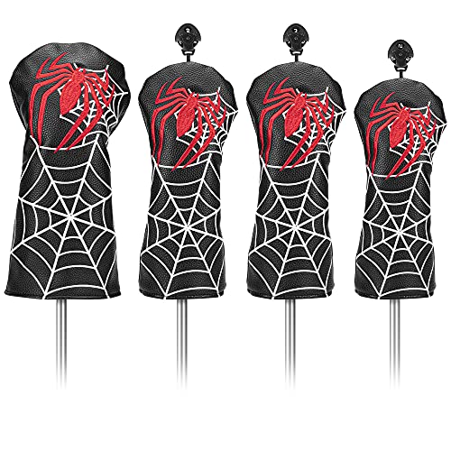 wosofe Golf Head Covers Set 4 Pieces for Woods Fits All Drivers Fairways Hybirds Golf Clubs Premium Leather Spider Embroidery 1 3 5 UT Interchangeable ID Tags Durable Classic Black (Four PCS)