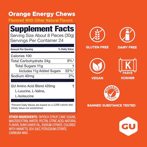 Image of GU Energy Chews, Orange Energy Gummies with Electrolytes, Vegan, Gluten-Free, Kosher, Caffeine-Free, and Dairy-Free On-The-Go Energy for Any Workout, 12 Bags (24 Servings Total)