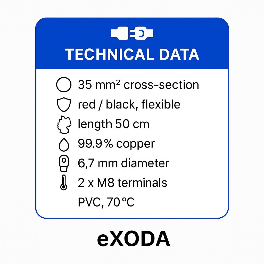 Exoda cavo batteria set 35 mm² 50cm con capocorda M8 rosso nero 99 percent rame resistente al calore fino a 70 per auto barca moto flessibile e durevole