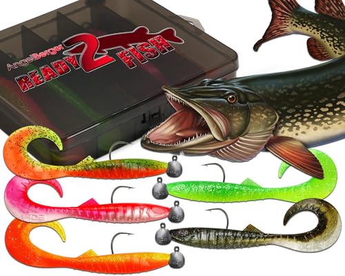 Wild Devil Baits Ready2Fish Tornado Curly Tail Zander mit Box Twister Gummifisch Set mit Jighaken fertig zum Angeln (Hecht / 15cm)