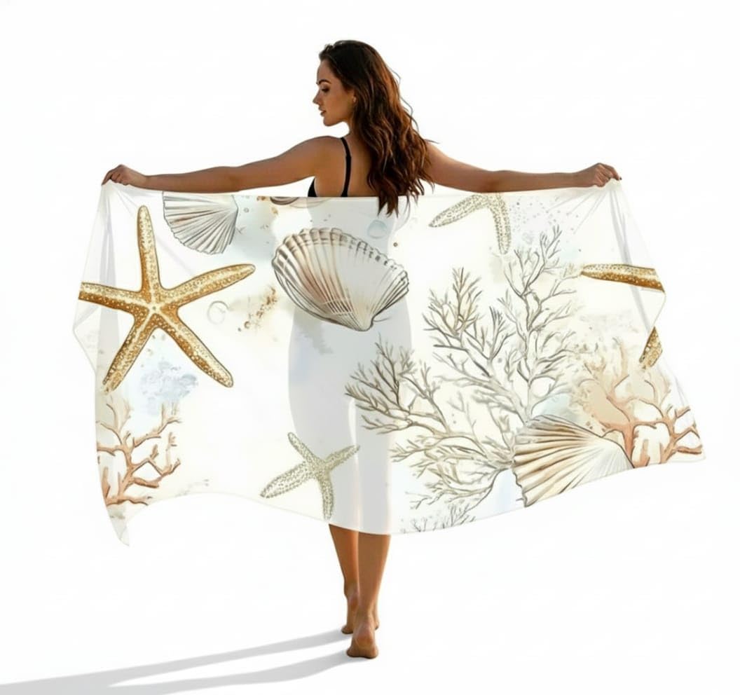 Women's Georgette All Over Print Pareo, Beach Cover Up with Starfish and Seashell Design