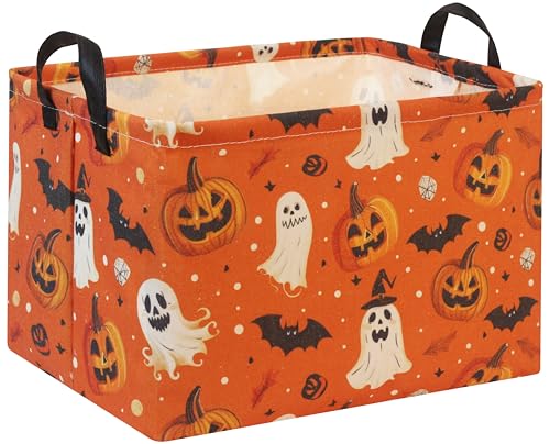 Image of Rectangular Halloween Basket for Boys and Girls Kids Trick or Treat Pumpkin Basket for Halloween Parties Cute Storage Bin Organizer Box Room Decor(Yellow Pumpkin Ghost)