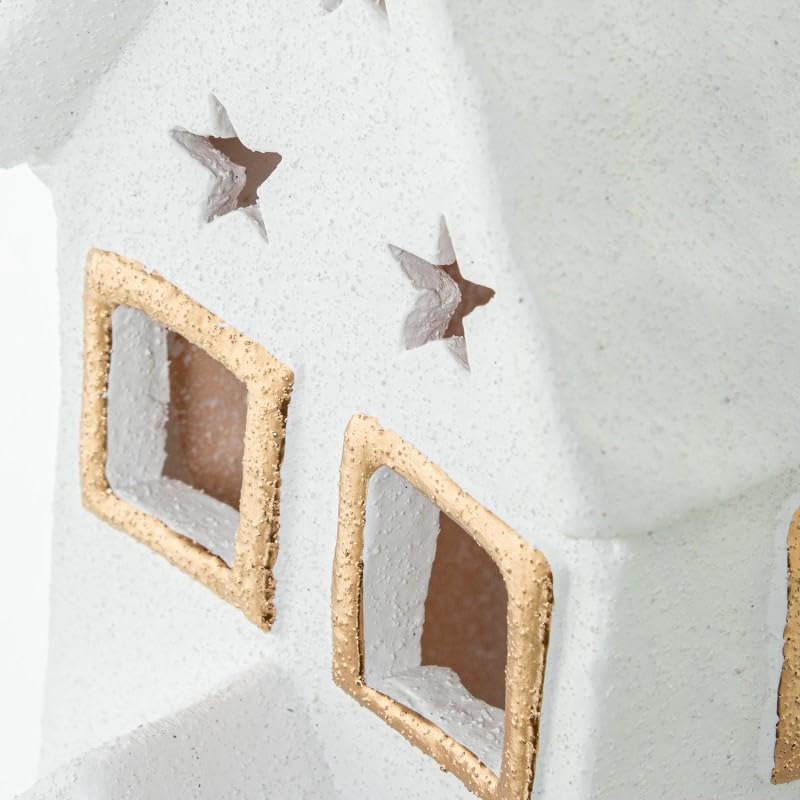Statuetta portacandele di una casa in ceramica in bianco e oro 20x15x32 cm